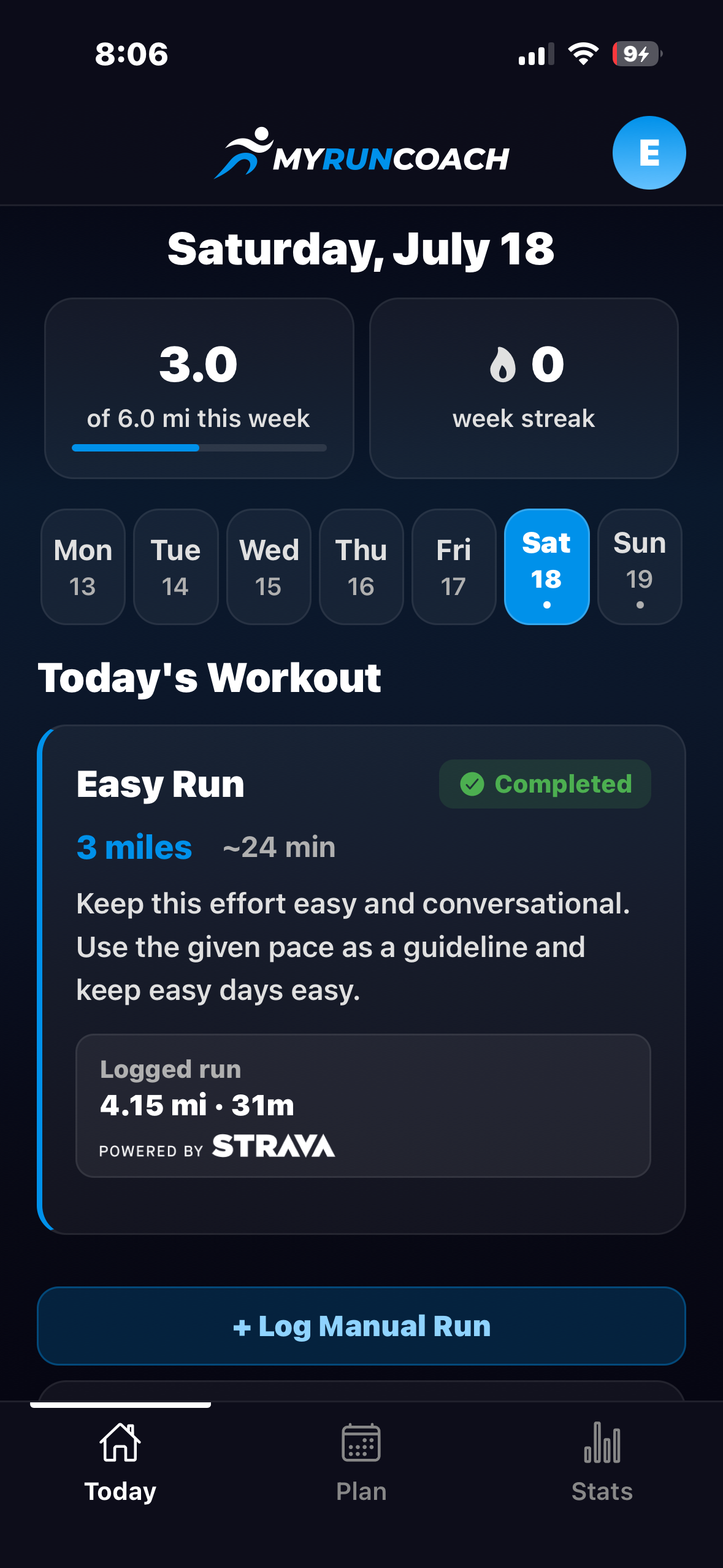 MyRunCoach Today screen showing a completed easy run matched with a synced activity